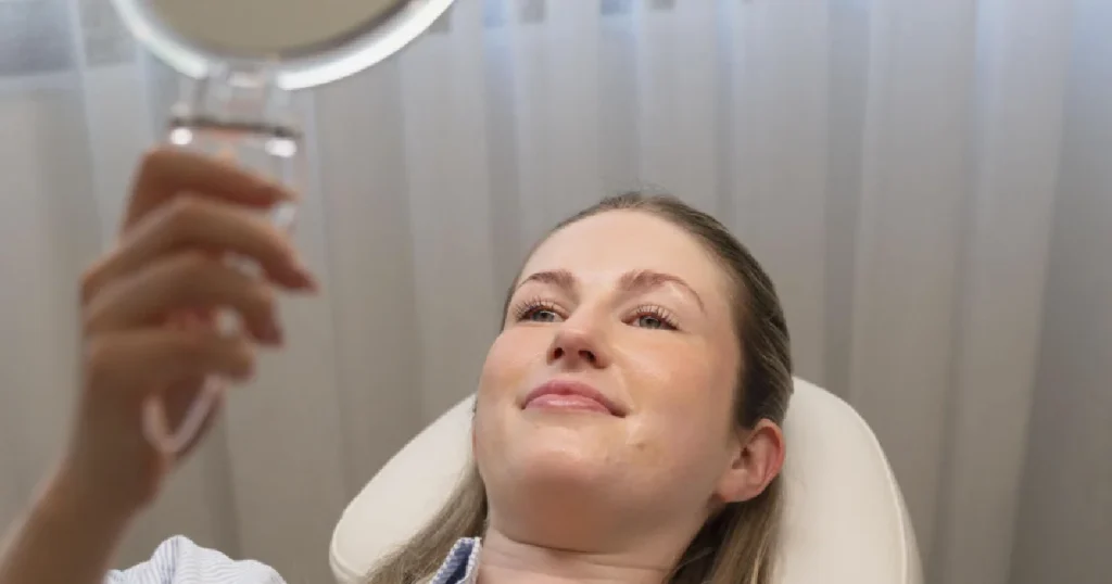 Current image: A woman is holding a mirror and admiring her results after Advanced Skin Needling in Fairfield, AU.